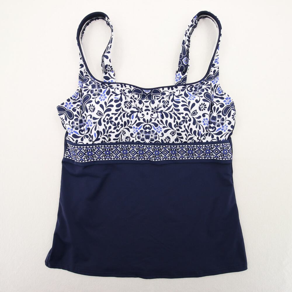 Lands End Tankini Top Navy Blue Pattern Underwire Scoop Neck Swim Top Size 6